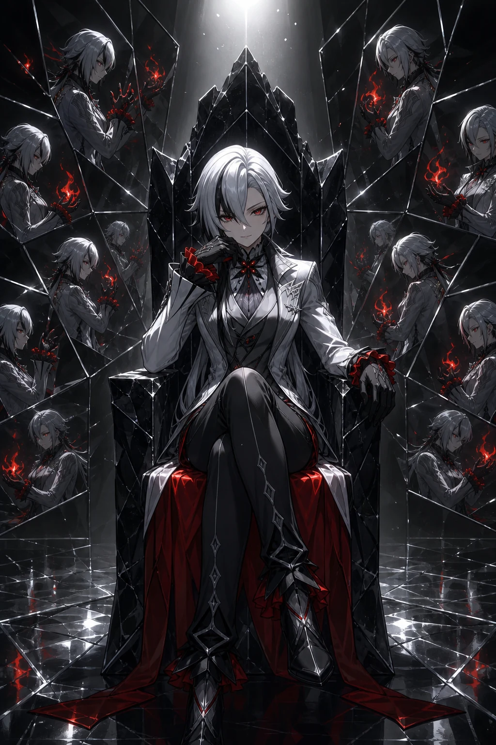 AI-generated Arlecchino seated on an obsidian throne among shattered mirrors