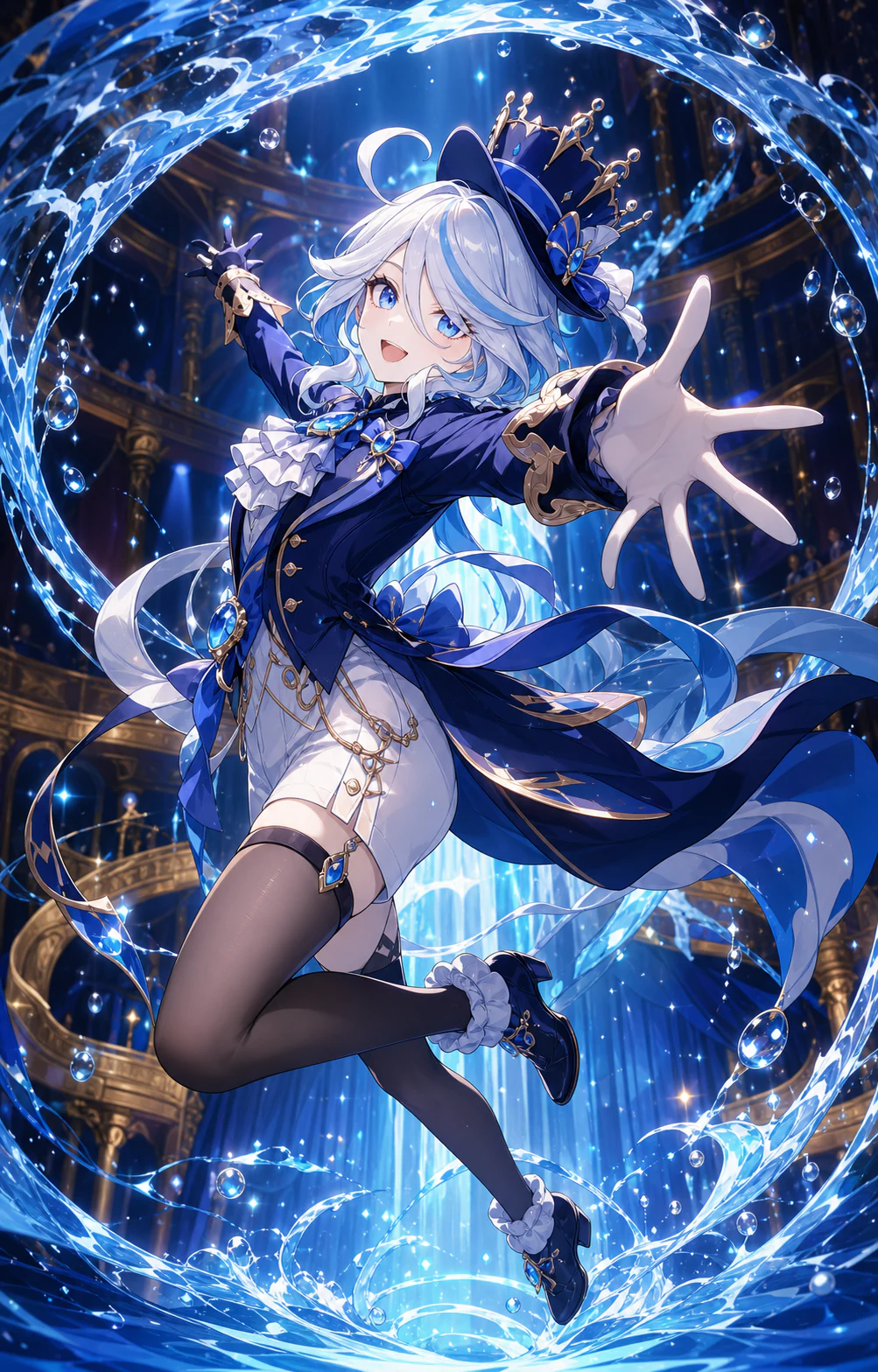 AI-generated Furina leaping inside a Hydro ring while reaching one hand toward the camera, result one