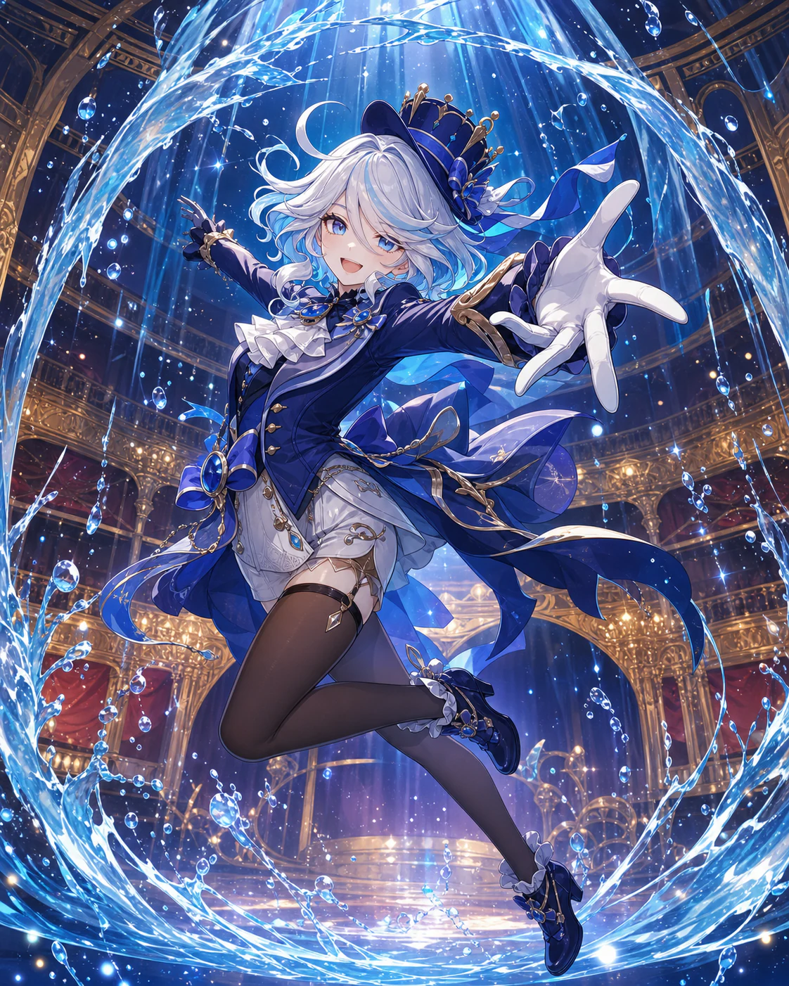 AI-generated full-body Furina jumping in a Fontaine theater surrounded by splashing water, result three