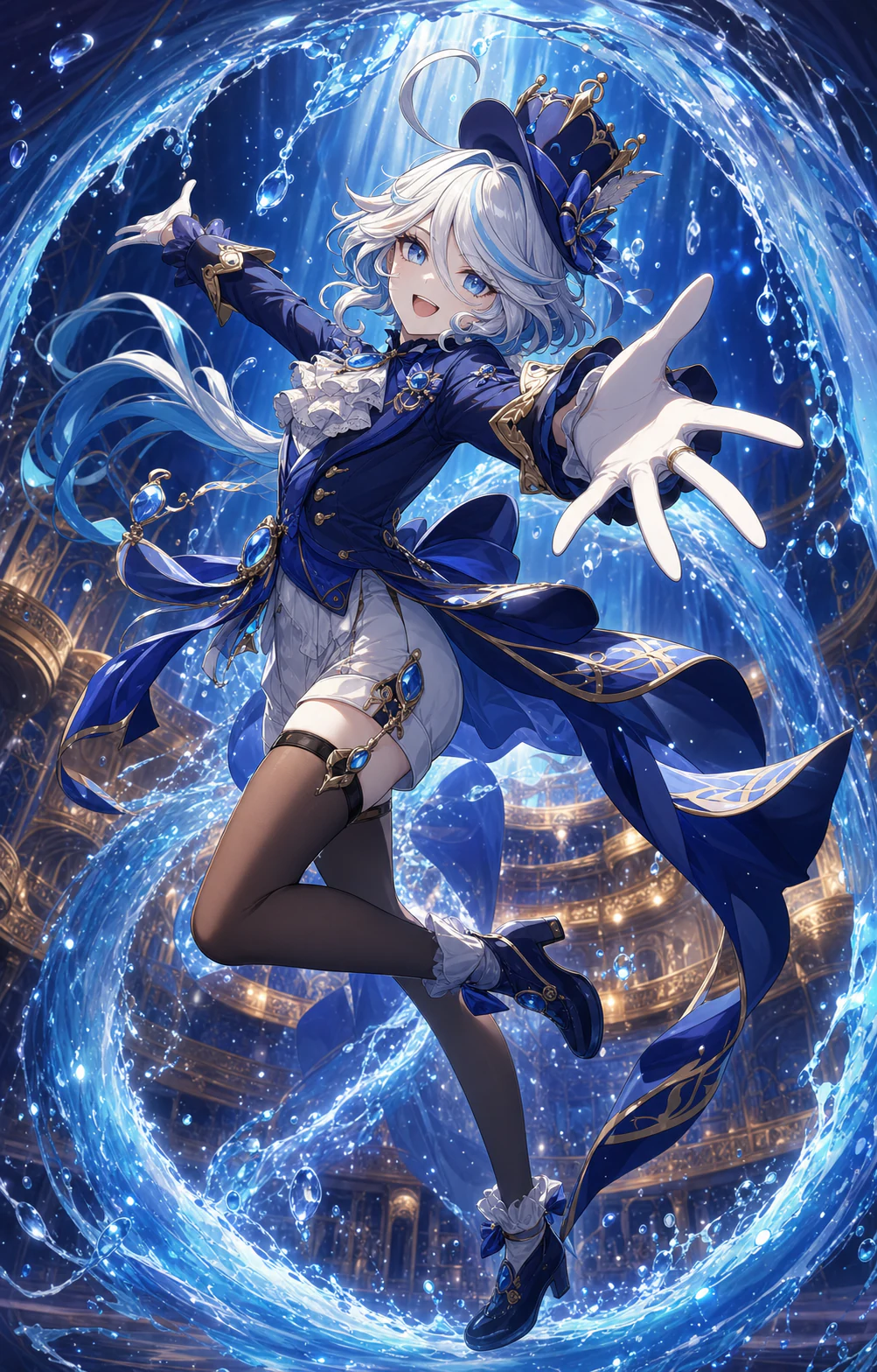 AI-generated Furina reaching forward in a diagonal airborne spin with swirling Hydro effects, result four