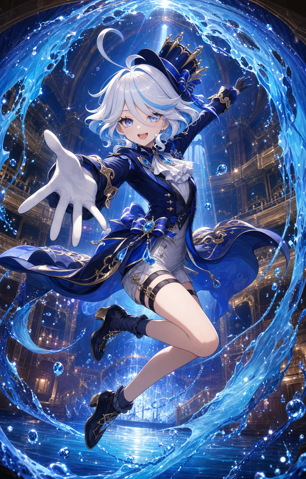 AI-generated Furina making eye contact and reaching through a bright blue Hydro ring, result five