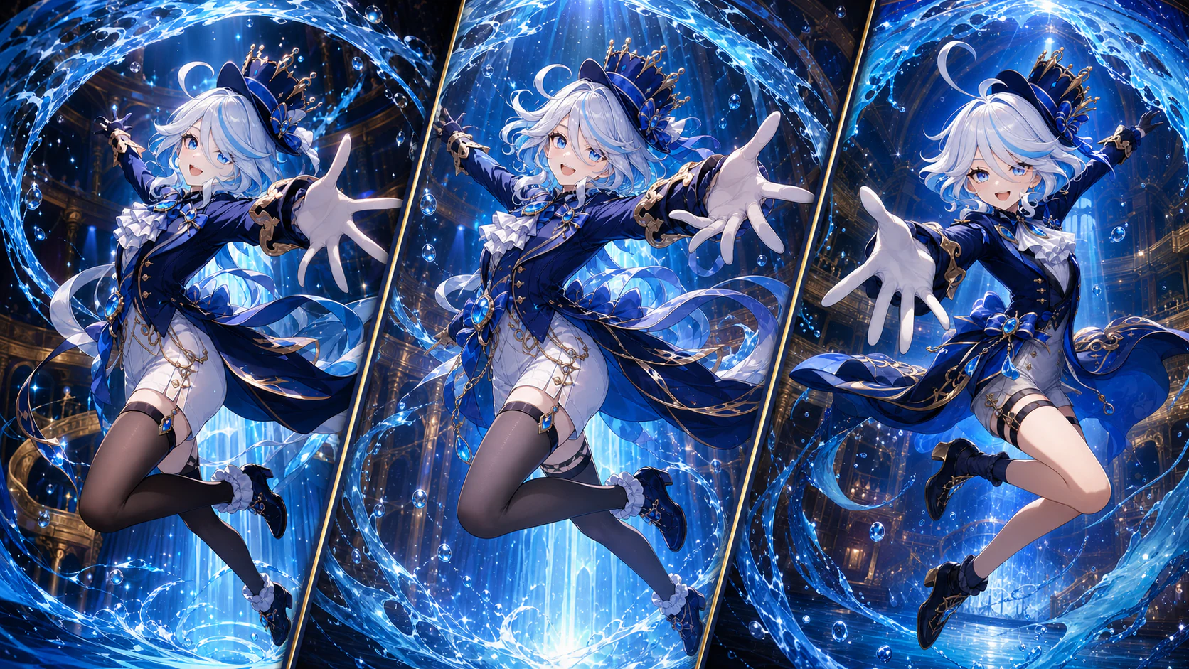 Furina AI Image Prompt: 5 Generations Compared for Dynamic Social Art — We generated Furina from Genshin Impact five times from the same core AI image prompt, then compared hand foreshortening, Hydro rings, facial clarity, outfit consistency, and social-media impact. Includes the reusable English and Japanese prompts plus a negative prompt.