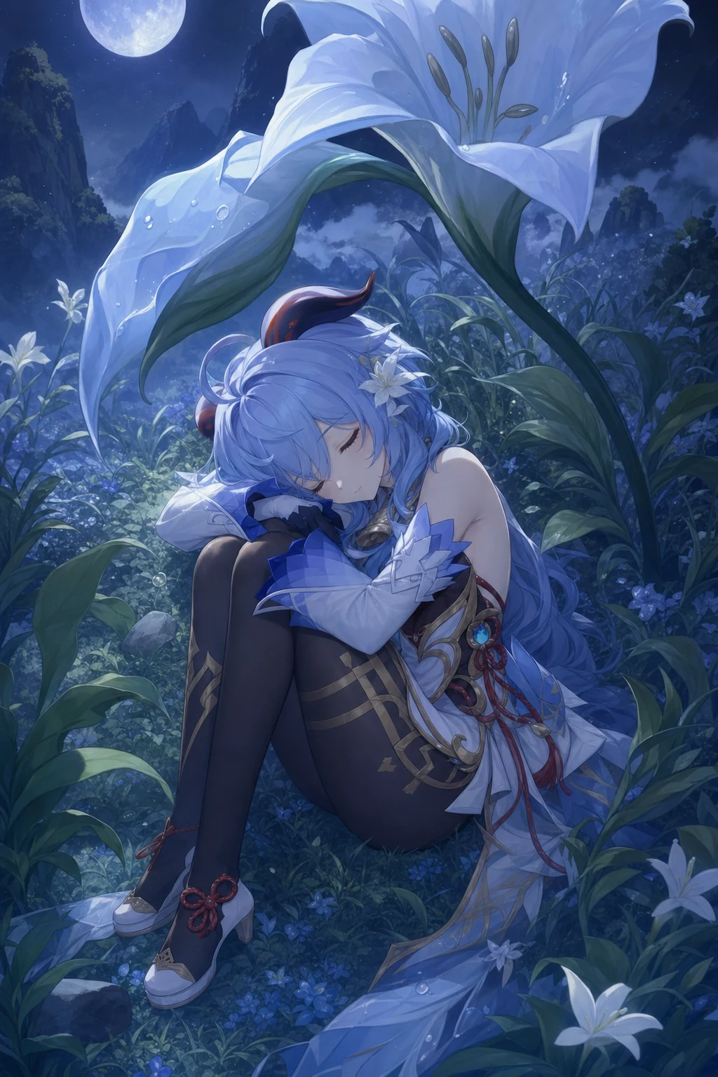 月夜の草原で巨大な琉璃百合の下に眠る甘雨のAI画像