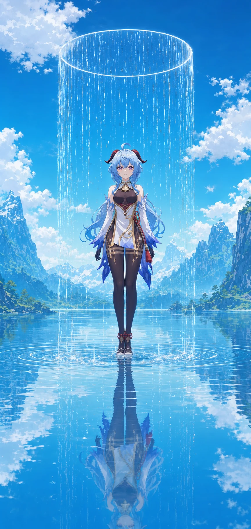 円形の雨の下で静かな湖に正面対称で立つ甘雨のAI画像