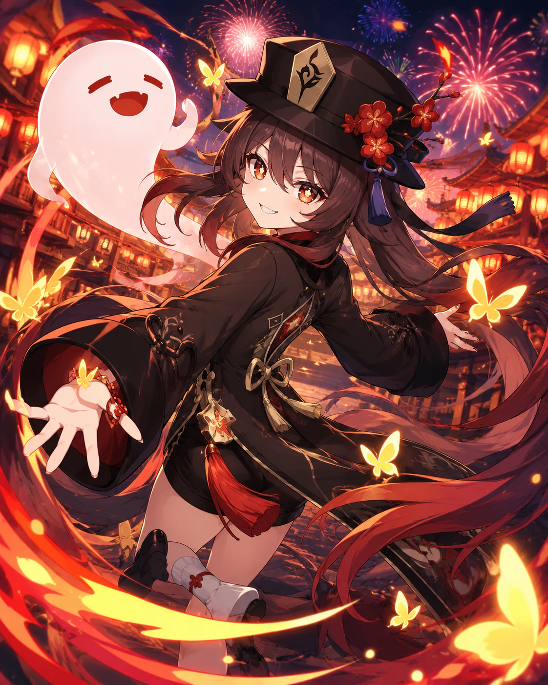 AI-generated illustration of Hu Tao turning during a Liyue festival with fireworks