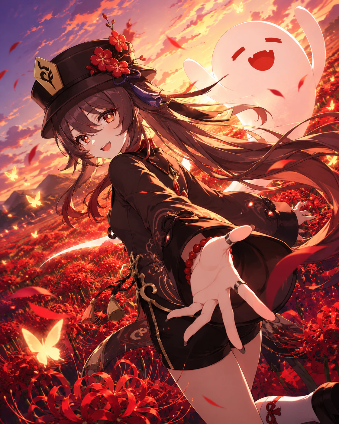 AI-generated illustration of Hu Tao reaching toward the viewer in a spider-lily field at sunset