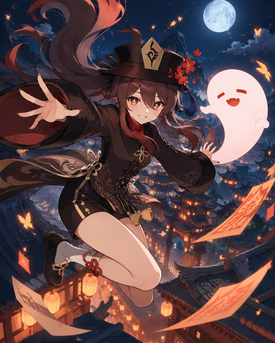 AI-generated illustration of Hu Tao leaping above Liyue rooftops beneath a full moon