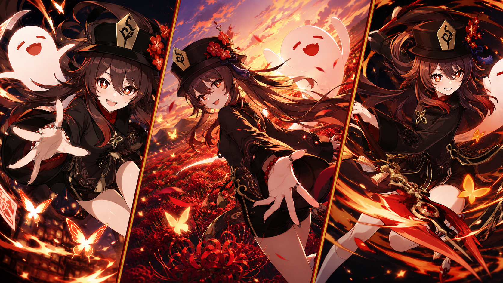 5 Hu Tao AI Image Prompts: Composition, Lighting, and Pyro Effects — Compare five Hu Tao AI image examples with reconstructed prompts for foreshortened poses, festival fireworks, spider lilies, moonlit rooftops, and a fiery polearm attack, plus a shared negative prompt.