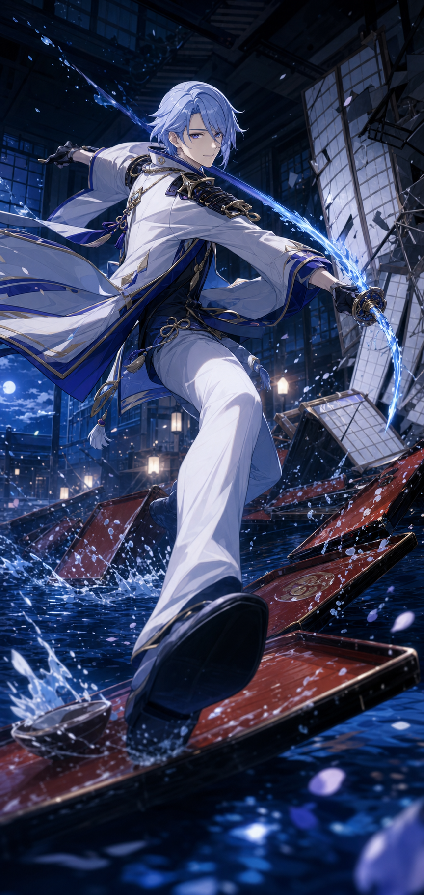 AI-generated Ayato sprinting across lacquer trays in a flooded reception hall