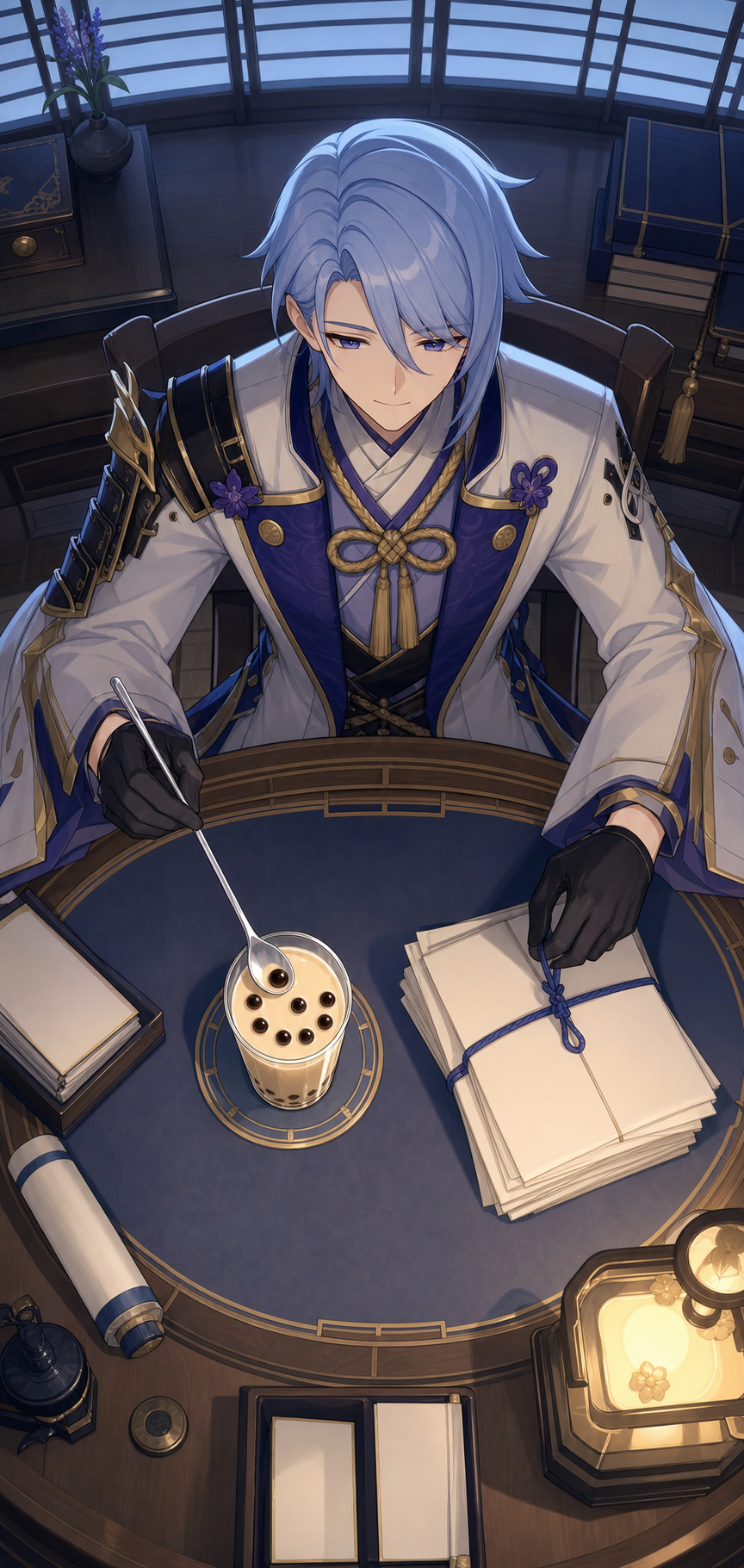AI-generated overhead Ayato stirring milk tea while sealing blank dispatches