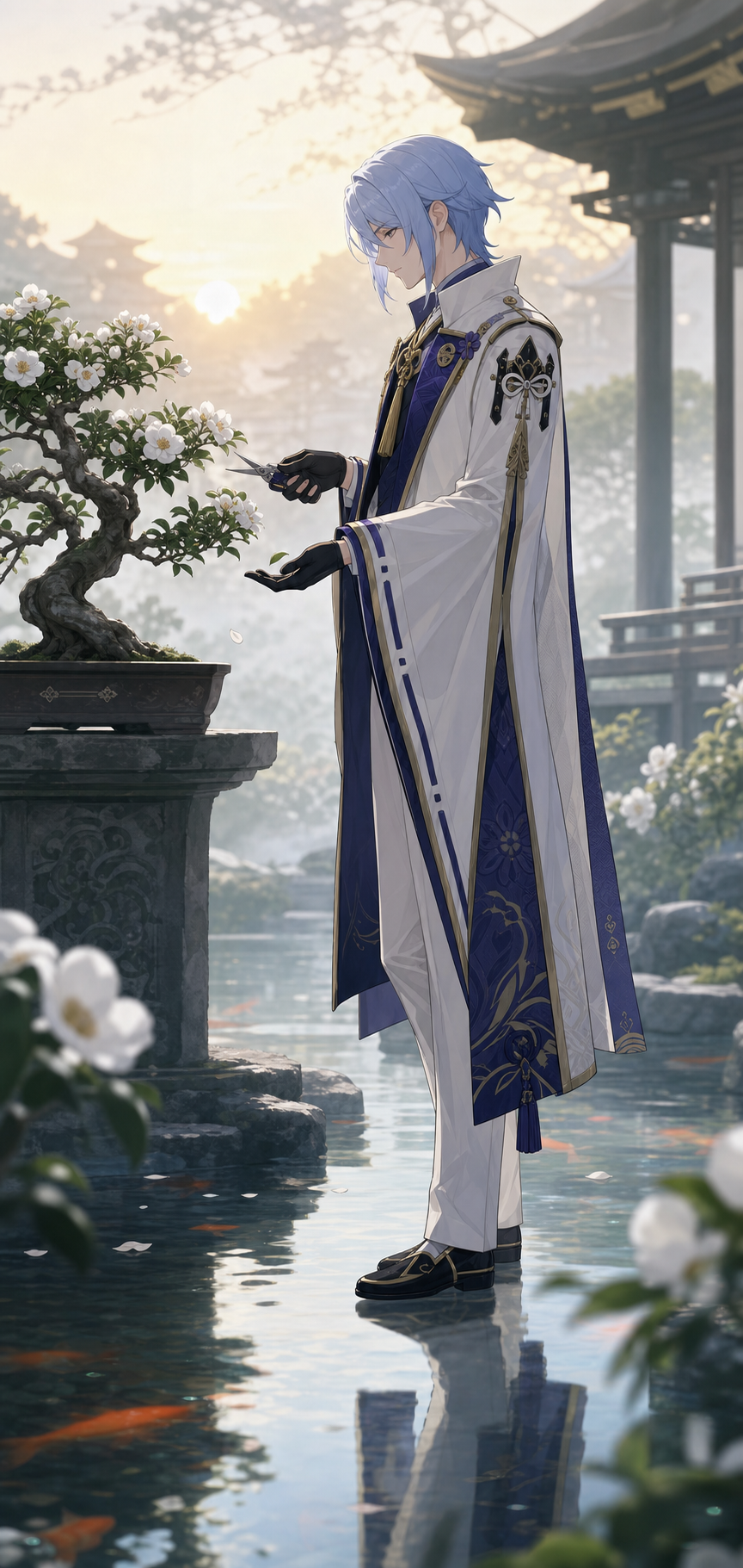 AI-generated side profile of Ayato pruning a white camellia bonsai beside koi
