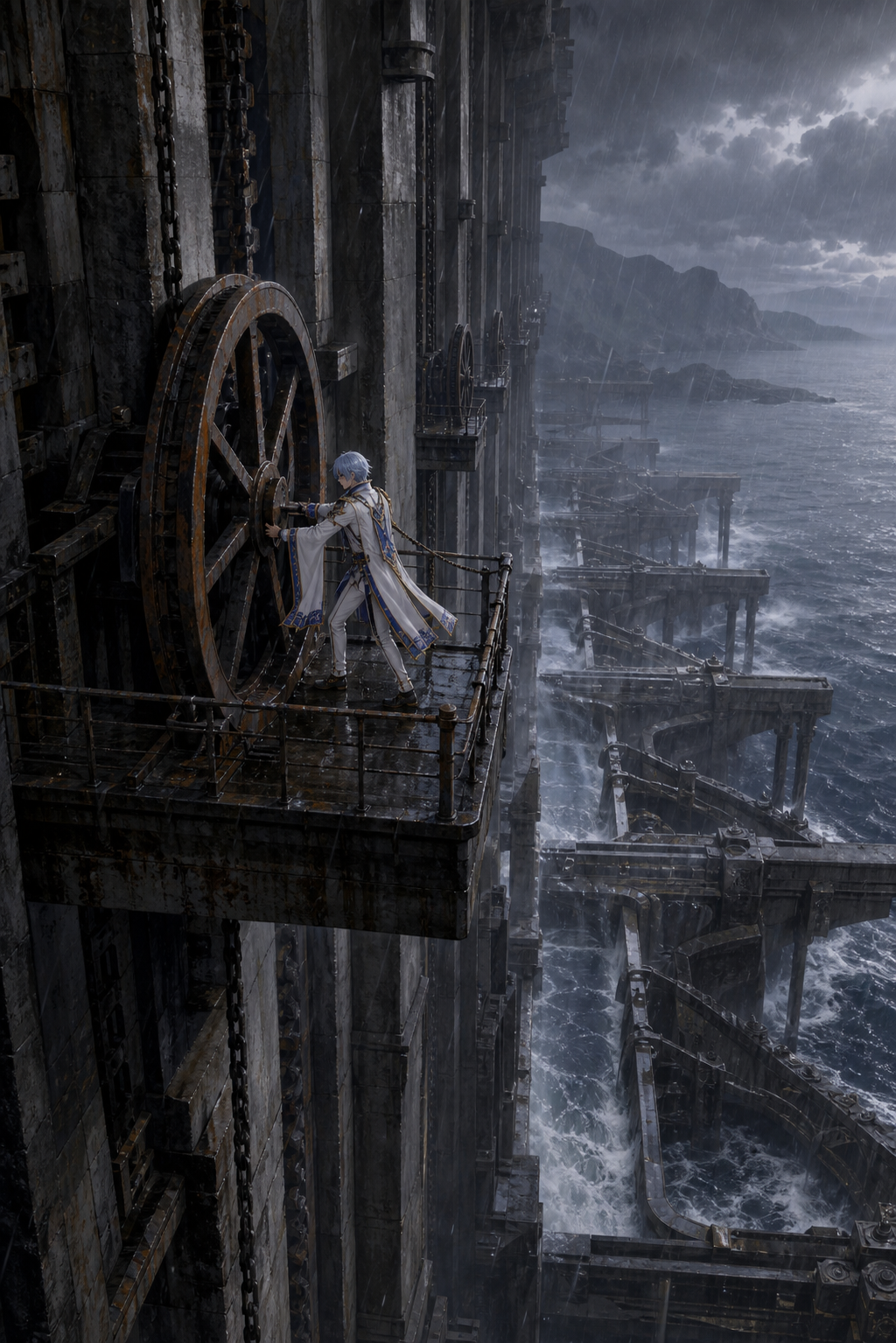 AI-generated distant Ayato turning a colossal sluice wheel in typhoon rain