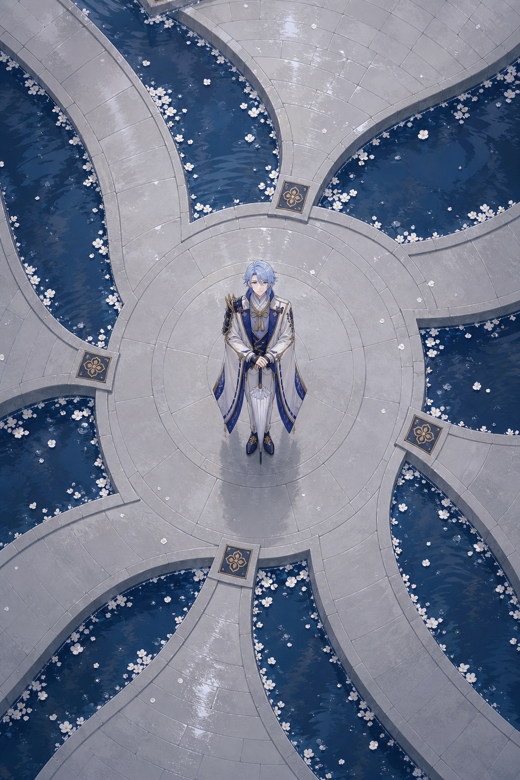 AI-generated bird's-eye Ayato centered in a camellia rainwater pinwheel