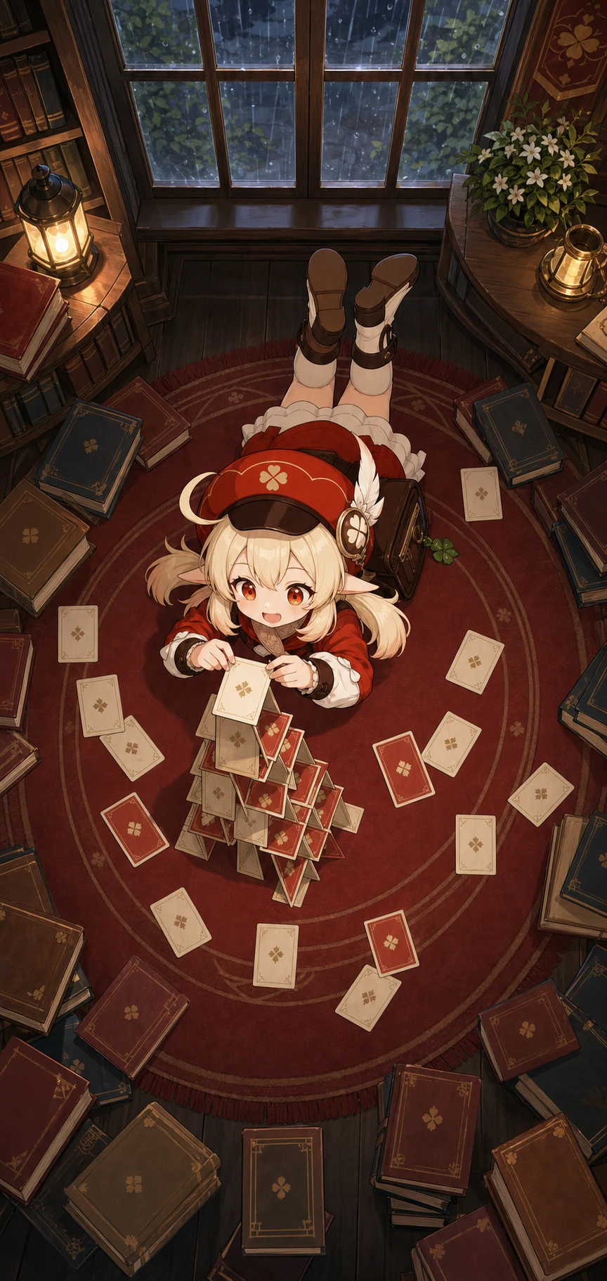図書室の敷物でカード塔を作るクレーを真上から描いたAI画像