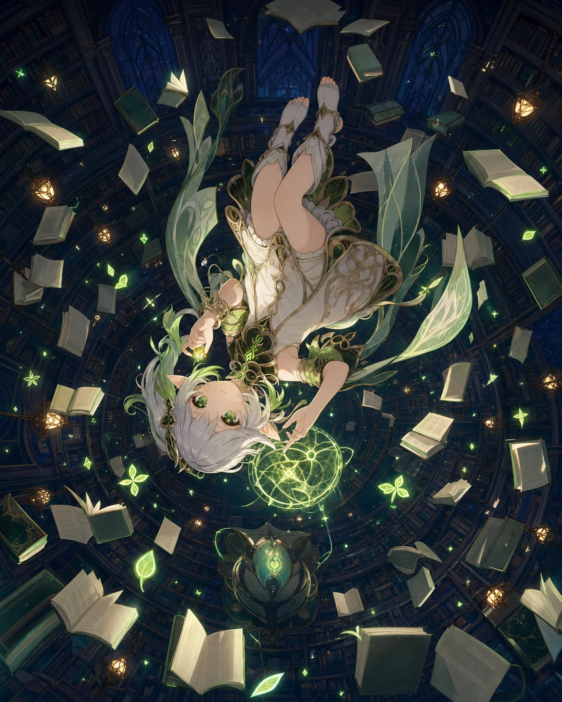 真夜中の円形図書館で逆さに浮かび、光る草元素紋様を描くナヒーダのAI生成イラスト