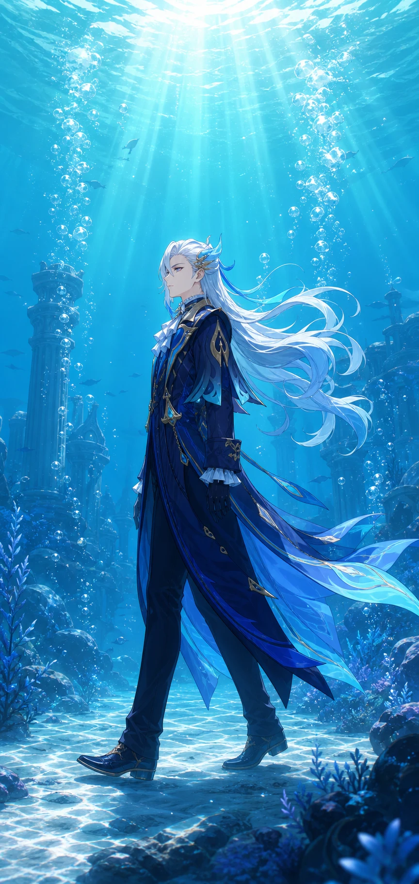 光が差す海底を静かに歩くヌヴィレットのAI画像