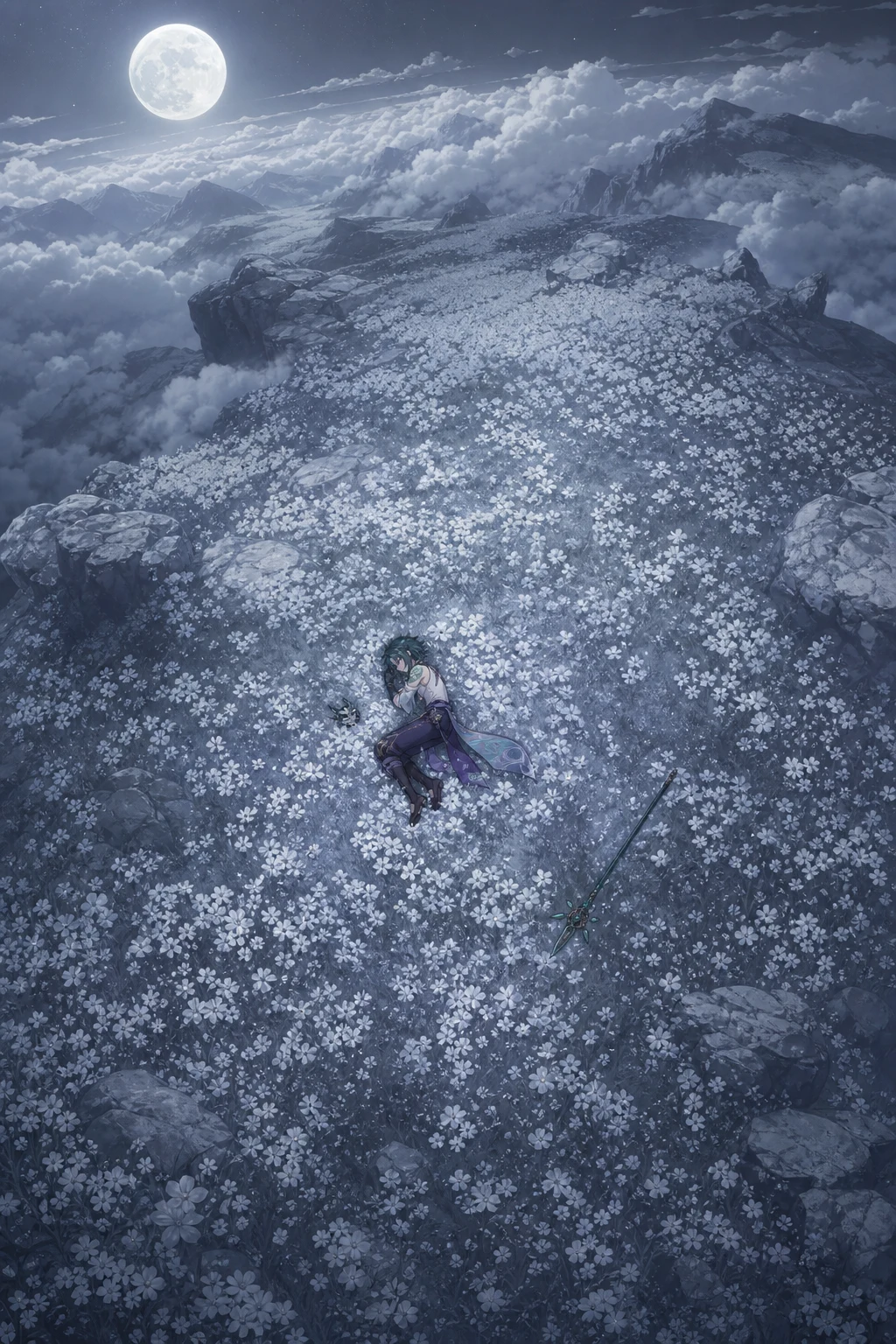 月下の清心の花畑で眠る魈を見下ろしたAI画像