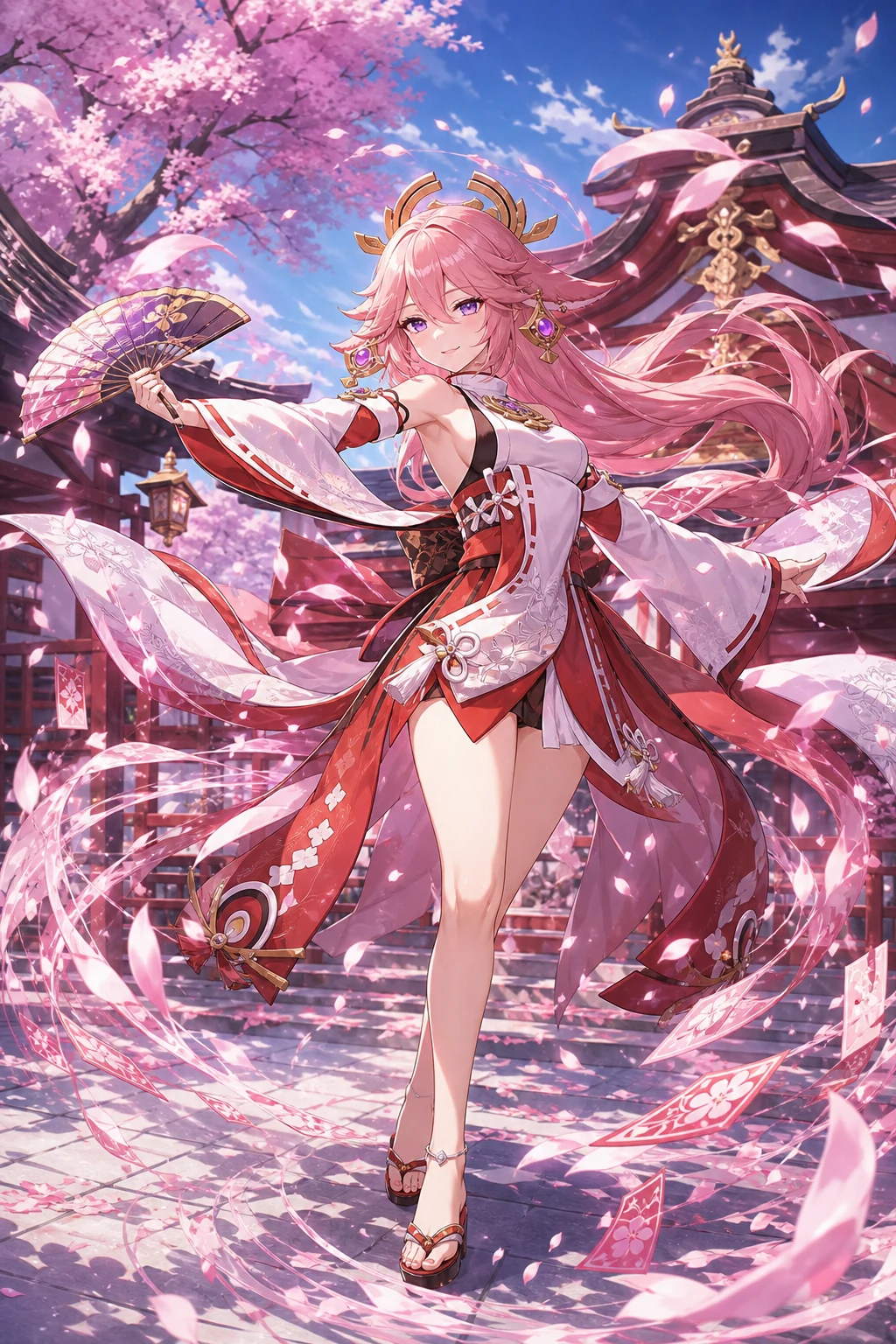 AI-generated Yae Miko dancing with a fan among sakura petals at Grand Narukami Shrine