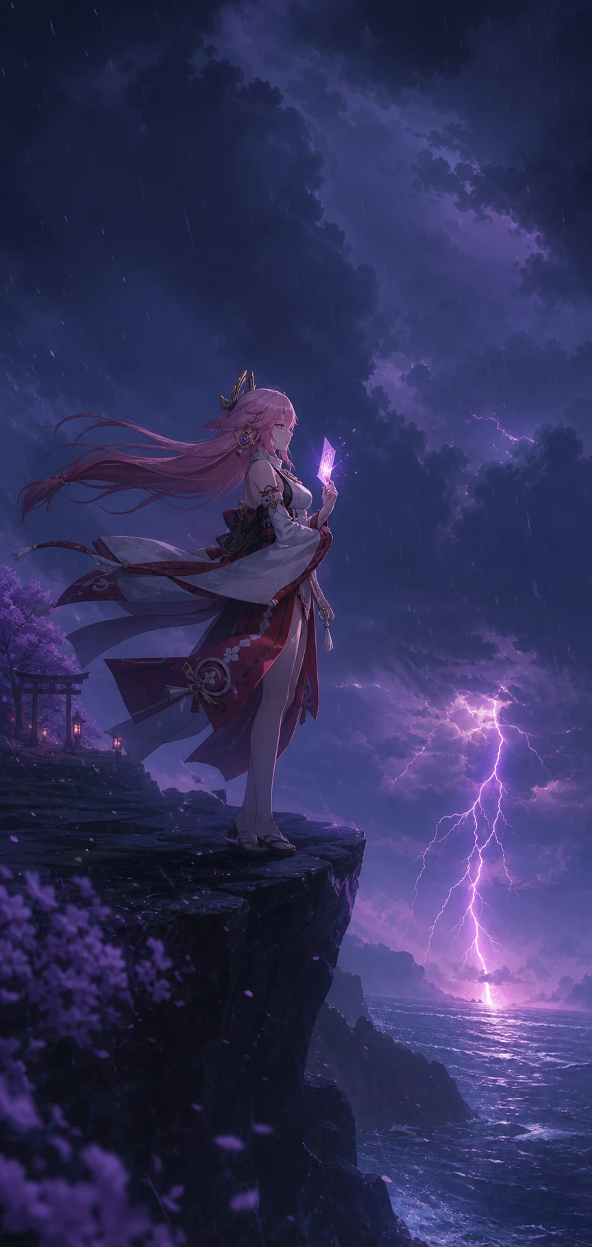 AI-generated Yae Miko standing in profile on a sea cliff during a thunderstorm