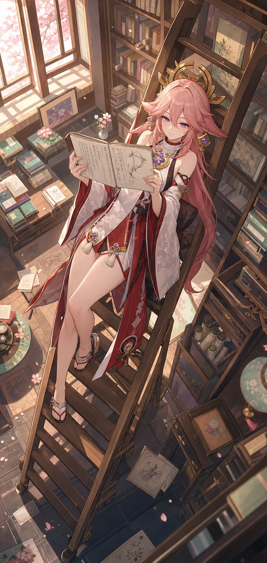 AI-generated Yae Miko reading a manuscript on a tall library ladder