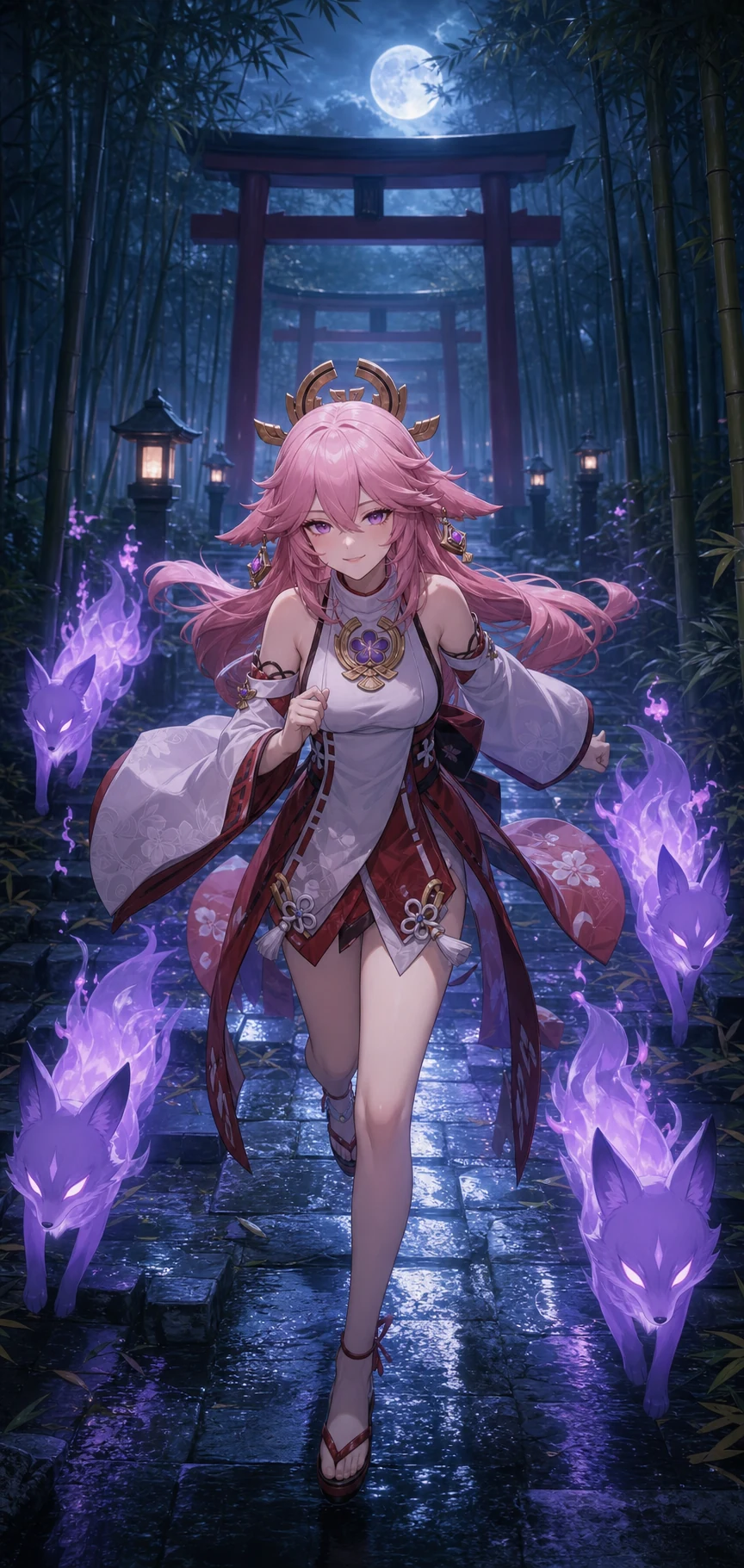 AI-generated Yae Miko running with violet fox-fire spirits on a moonlit bamboo path
