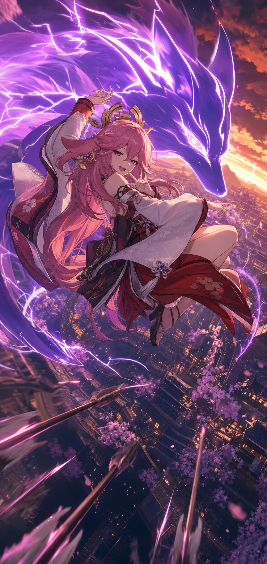 AI-generated Yae Miko dodging arrows above Inazuma with a giant lightning kitsune