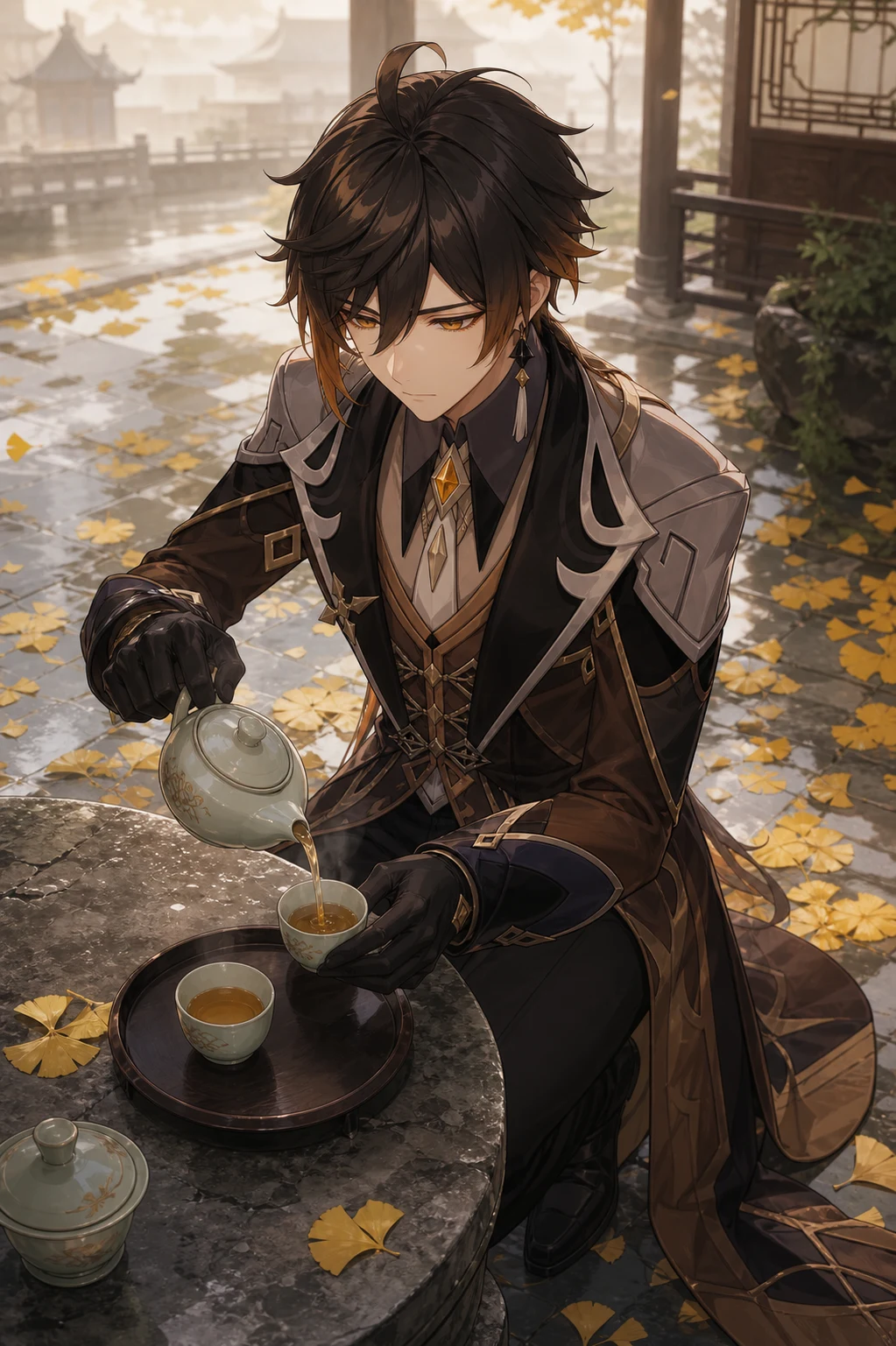 AI-generated Zhongli pouring tea in a misty Liyue courtyard