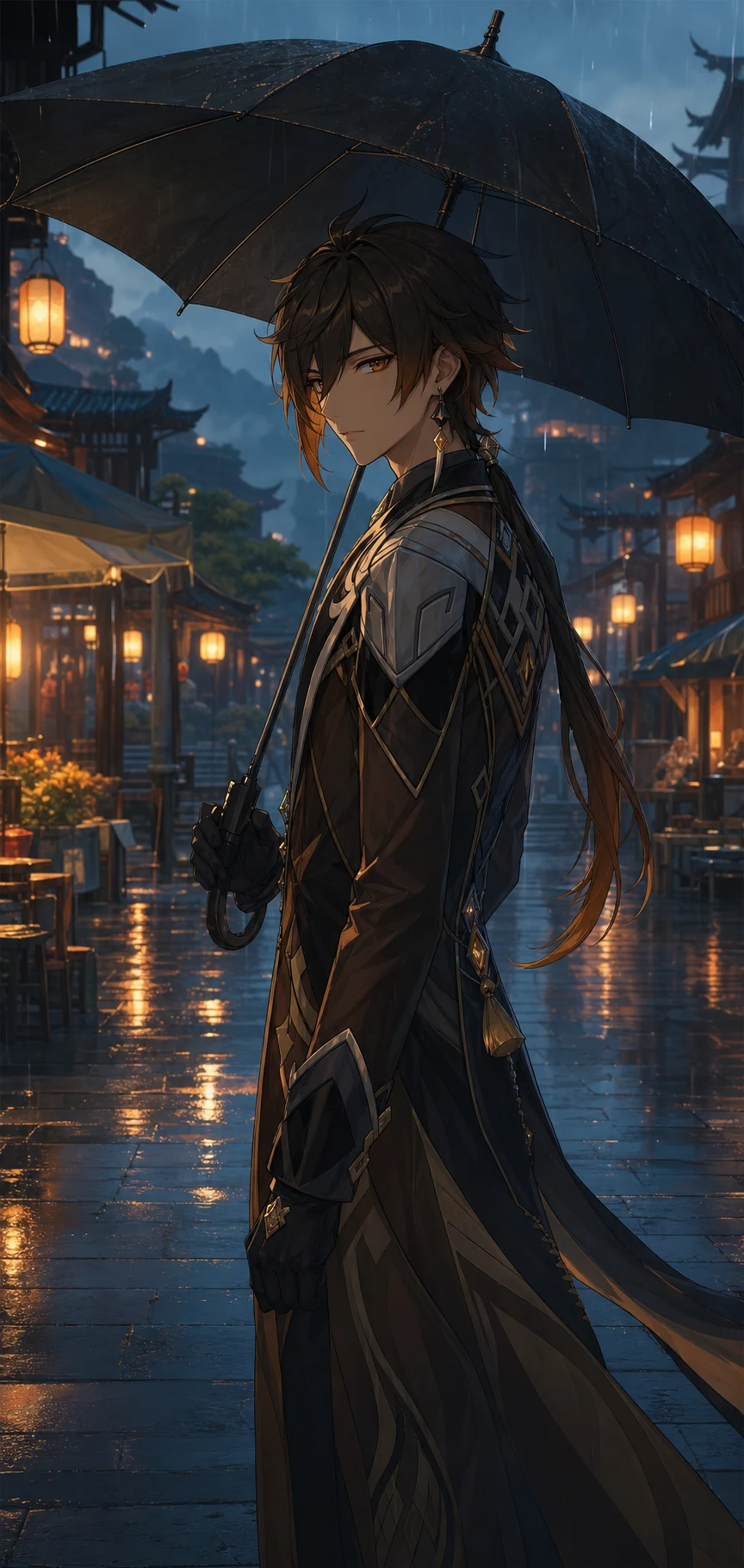 AI-generated Zhongli walking under an umbrella through rainy Liyue Harbor